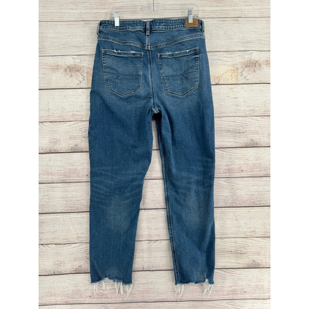 American Eagle Mom Jean Womens 14 Long Blue High Rise Strigid Raw Hem Distressed - Picture 2 of 9